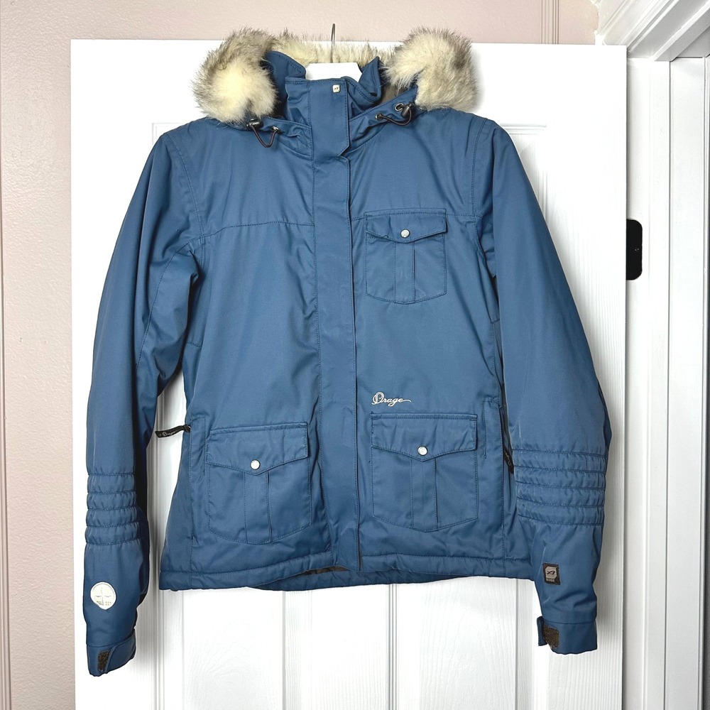 Orage Womens Ski Snowboard Jacket Blue Insulated Hooded Faux Fur Trim Coat